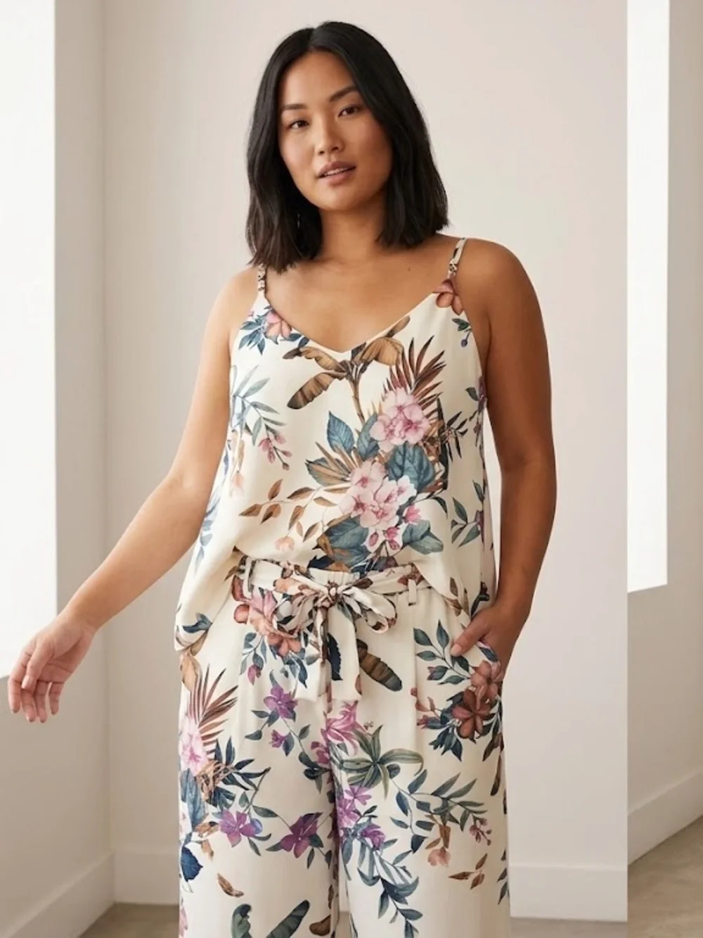 Floral V-Neck Cami and Wide-Leg Lounge Set - Cream
